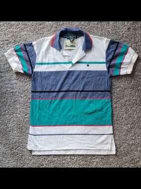Striped Short-Sleeve Polo in Teal, Navy & White